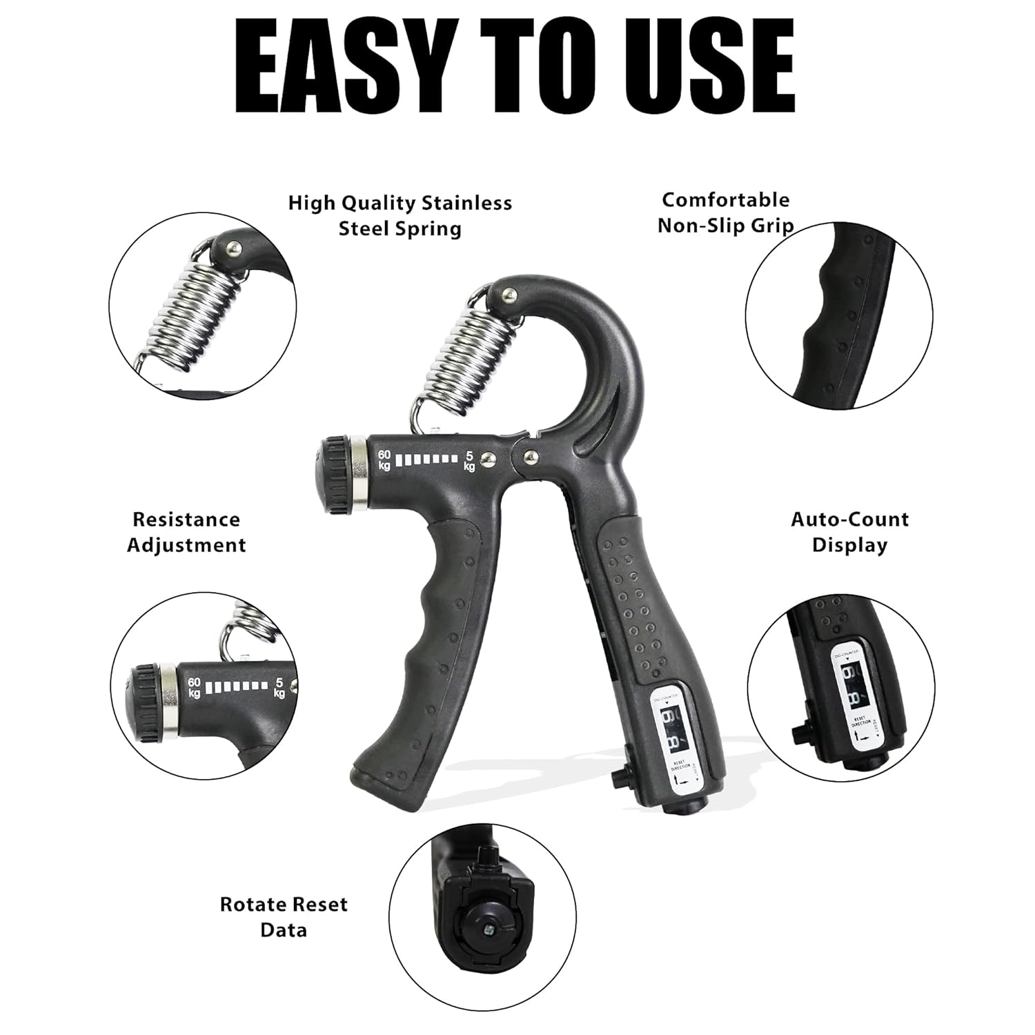 Premium Counter 10Kg To 60Kg Weight Adjustable Professional Counter Hand Gripper for Men & Women | Counter Hand Grip|Finger Exercisower Gripper|Black Color|